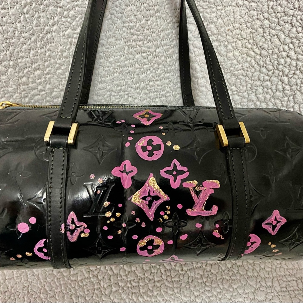 Custom painted Authentic Louis Vuitton Bedford Black Vernis Bag.